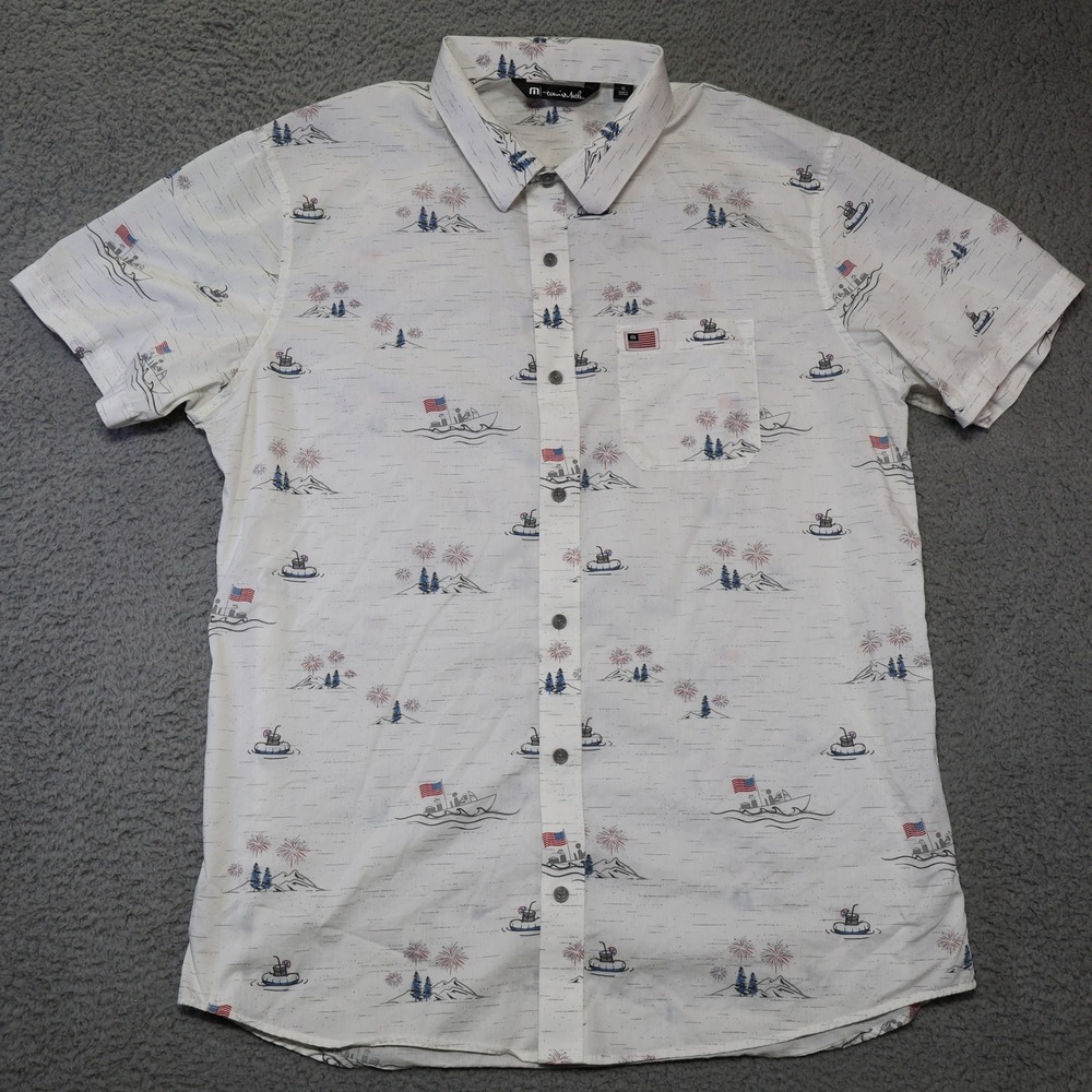 Travis Mathew Mens XL White Patriotic Fireworks Boat Print Button Up Shirt